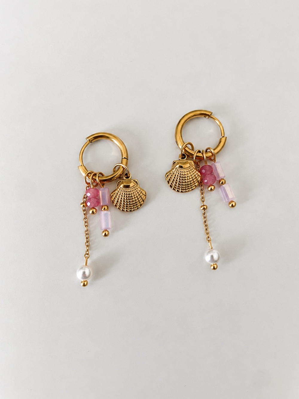 18K Gold Plated Seashell & Pink Bead Charm Huggie Earrings
